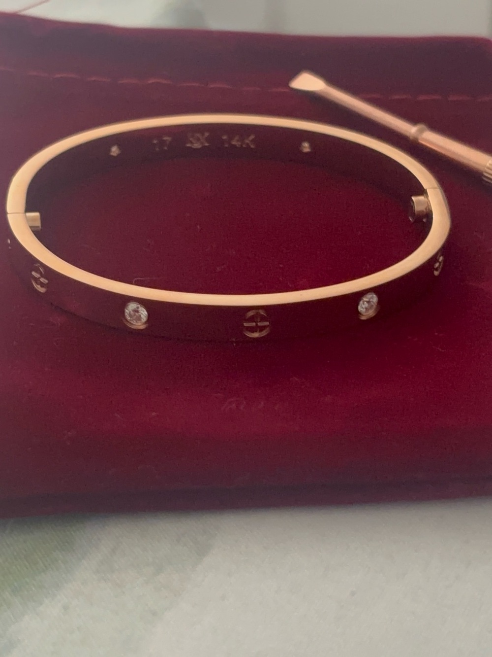 Rose Gold Screw Detail Bangle Bracelet with Crystals